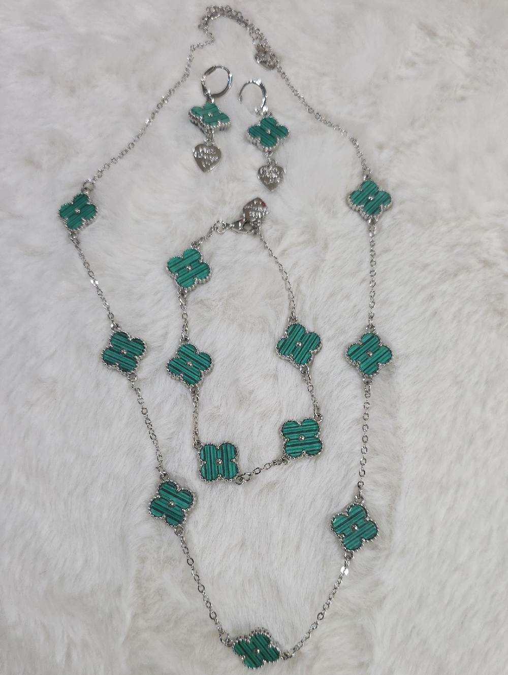 Silver PlatedGreen Clover Pendant Necklace, Bracelet & Earring Set - Silver Tone